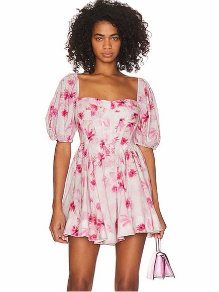 Bardot | Kiah Corset Pink Floral Puff-Sleeve Flare Mini Sun Dress | Sz Xl